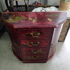中国家具 チェスト 黒檀 4段 アンティーク 人物 建物 黒 赤...
