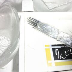●東洋ガラス、リンドウ、おもてなし１５点セット●（リンドウ形小ガラス５点、リンドウ花グラス５点、フォーク５点）箱は傷み有★お手数をおかけしますプロフィール必読ですの画像