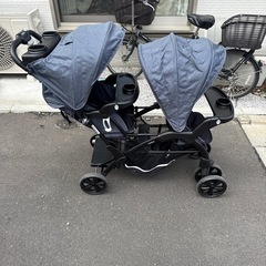 【7/22 最終値下げ】カトージ ベビーカー 二人でゴーDX レインカバー付 デニムの画像
