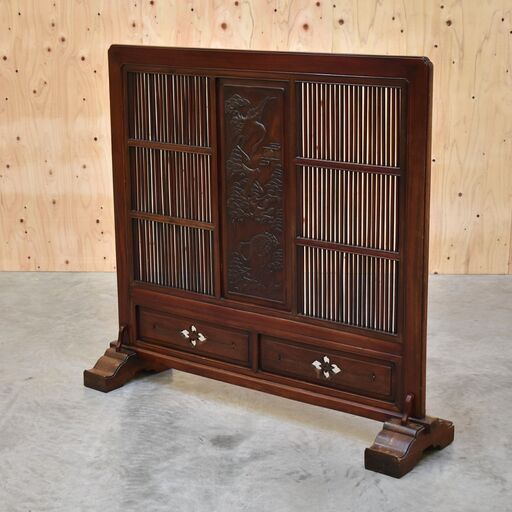 ≪★zyt2213ジ≫ 和風衝立 松鶴図 ① パーテーション/間仕切り/屏風/彫刻/桟/縦格子/透かし彫り/飲食店/和食/そば/蕎麦/中古家具/宮城県仙台市 70515-02