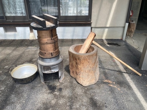 【餅つきセット】臼・杵・蒸篭・釜・薪かまど