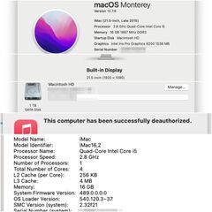 iMac (21.5-inch, Late 2015)★USED正常動作★1TB HDD★16GB RAM★2.8GHz 4core i5★OS無し★key mouse無し★の画像
