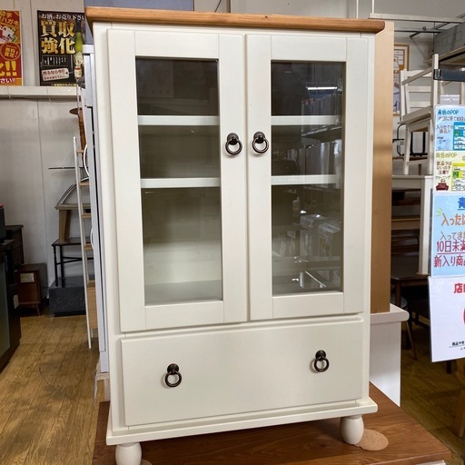 アンティーク 白 ガラス キャビネット 食器棚 収納棚 アンティーク