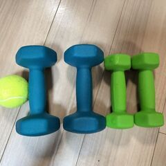 ダンベル1kgと2kg・テニスボール1個の画像