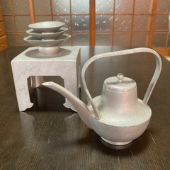 薩摩浅田　錫製の屠蘇器セット　銚子　盃　盃台　松竹梅　鶴亀　縁起...