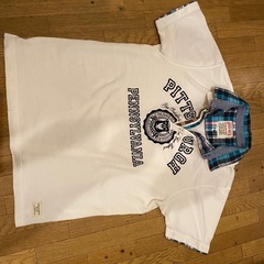 美品カレッジプリントTポロシャツ半袖チェックフェイクレイヤード重...