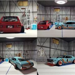 LED照明付き完成済みガレージ風ジオラマ背景パネル（車2台分対応）1/24スケール対応の画像