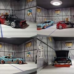 LED照明付き完成済みガレージ風ジオラマ背景パネル（車2台分対応）1/24スケール対応の画像