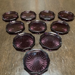 【昭和レトロ】ガラスのコースター10枚　紫　パープル　小皿　直径6cm
