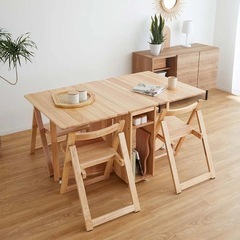 木製折りたたみダイニングテーブルセット 4人掛け（5点）キャスタ...