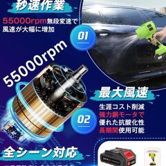 ブロワー 強力 洗車【新昇級版モデル 】PSE認定 6500mAh大容量バッテリー 2個搭載 55000RPM マキタ電池互換 高速回転 無段階変速 軽量 コードレス ブロワー 60m/s大風速最強ブロワー 強力 耐久性 12枚大ファンブレードターボブロワーの画像