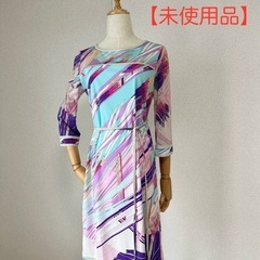【未使用品】七分袖　膝丈ワンピース　水色　40サイズ　ストライプ