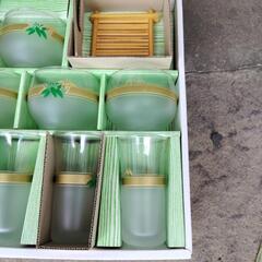 未使用品グラスセット　ADERIA GLASS　冷茶、ビールコップ　竹コースター付きの画像