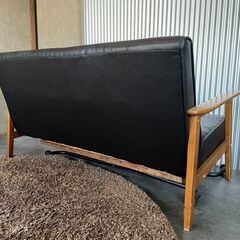プライスダウン！！2人掛けベンチ ソファ（レザー×天然木）【使用感あり・引き取り歓迎】の画像