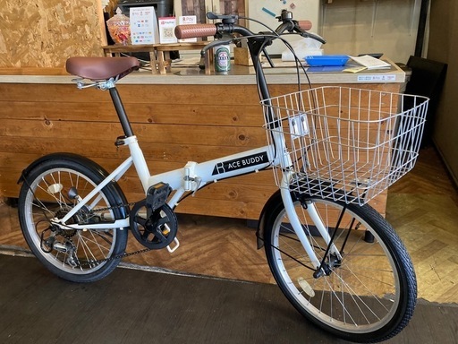 【後輪タイヤ・チェーン新品！】6段変速　20インチ折りたたみ自転車　ホワイト