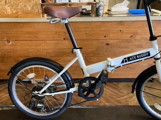 【後輪タイヤ・チェーン新品！】6段変速　20インチ折りたたみ自転車　ホワイト