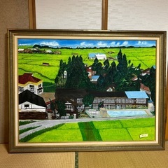 油絵　田園の小学校　大きい作品