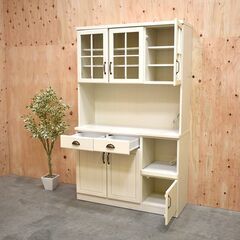 ≪yt1928ジ限≫ nitori/ニトリ キッチンボード/食器棚 ミランダ2 幅120cm 高さ195cm ホワイトウォッシュ カントリー調/おしゃれ/かわいい 中古家具/宮城県仙台市 70530-01の画像