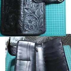 【7/20(日) 値下げしました】(手渡しのみ) ① 新品 牛革 サドルレザー ロングウォレット 黒 (コンチョ＆カービング＆レース編み) の画像