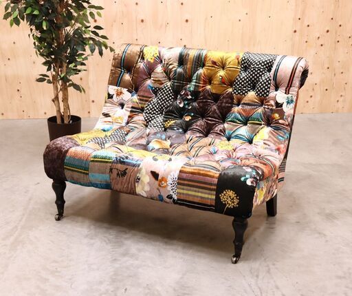 【直販6/16】≪zyb2223ジ≫パッチワーク風ソファ 幅約115㎝ ボタンダウン ベロア調/ベルベット調 レトロモダン おしゃれ 70525-17