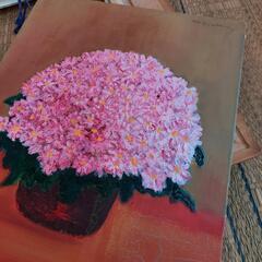 花 油絵 木製 ガラス付き額入りの画像