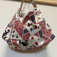 ハンドメイド コットンリネンのワンハンドルバッグ 赤×パープルの画像