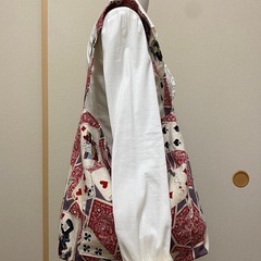 ハンドメイド コットンリネンのワンハンドルバッグ 赤×パープルの画像