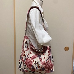 ハンドメイド コットンリネンのワンハンドルバッグ 赤×パープルの画像
