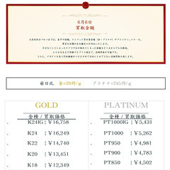 大黒屋仙台パルコ店 6/6　本日の貴金属の買取金額