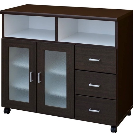 【美品‼️】中村敬木工 88cm幅キャスター付きキッチンカウンター 食器棚 レンジボード 収納家具 木目調ダークブラウン♪