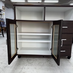 【美品‼️】中村敬木工 88cm幅キャスター付きキッチンカウンター 食器棚 レンジボード 収納家具 木目調ダークブラウン♪の画像