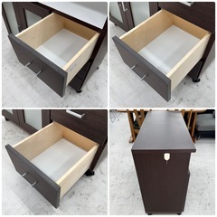 【美品‼️】中村敬木工 88cm幅キャスター付きキッチンカウンター 食器棚 レンジボード 収納家具 木目調ダークブラウン♪の画像