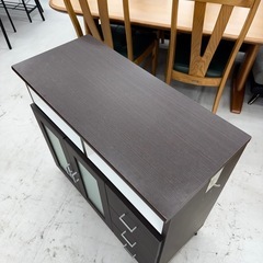 【美品‼️】中村敬木工 88cm幅キャスター付きキッチンカウンター 食器棚 レンジボード 収納家具 木目調ダークブラウン♪の画像
