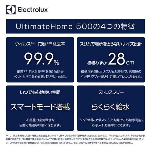 本日取りに来れる方優先！Electrolux(エレクトロラックス) UltimateHome500 スリム&パワフルな加湿機能付き空気