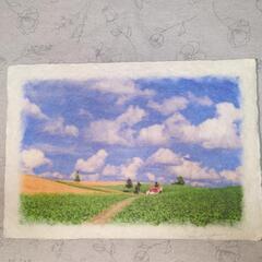 和紙絵写真　風景画　「夏の雲とジャガイモ畑と赤い家へと続く道」 夏 青の画像