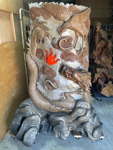 衝立　龍　鳳凰　彫刻　木製　大きい