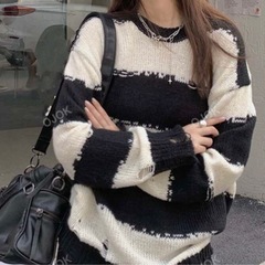 シーイン　ワイドストライプ リップ ドロップショルダー セーター...