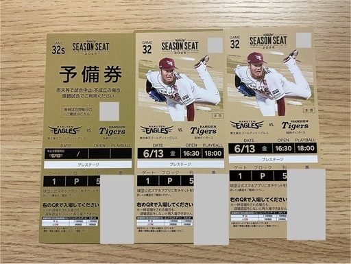 6月13日 楽天イーグルスvs阪神タイガース プレステージ バックネットほぼ真裏5列目 通路から2席 飲み放題