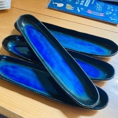 再出品37㎝細長いブルー秋刀魚皿4枚