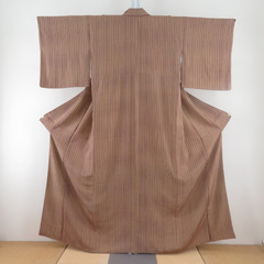 小紋 縦縞模様 茶色ｘ辛子色 正絹 広衿 仕立て上がり着物 身丈...