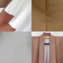 小紋 縦縞模様 茶色ｘ辛子色 正絹 広衿 仕立て上がり着物 身丈158cm 【キモノオフ野々市若松店】の画像