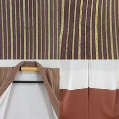 小紋 縦縞模様 茶色ｘ辛子色 正絹 広衿 仕立て上がり着物 身丈158cm 【キモノオフ野々市若松店】の画像