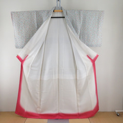 小紋 袷 縮緬 梅尽くし模様 薄水色ｘ多色 正絹 袷 広衿 仕立て上がり着物 身丈158cm 【キモノオフ野々市若松店】の画像