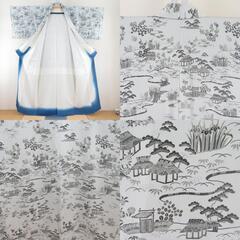 小紋 袷 風景模様 グレーブルー 正絹 広衿 仕立て上がり着物 身丈156cm 【キモノオフ野々市若松店】の画像