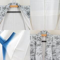 小紋 袷 風景模様 グレーブルー 正絹 広衿 仕立て上がり着物 身丈156cm 【キモノオフ野々市若松店】の画像