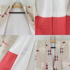 紬 着物 絣模様 砂色ｘ薄赤色ｘ黒色 袷 バチ衿 絹 仕立て上がり着物 身丈156cm 【キモノオフ野々市若松店】の画像