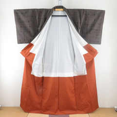 紬 着物 大島紬 茶色 幾何学模様 袷 広衿 正絹 仕立て上がり着物 身丈159.5cm 【キモノオフ野々市若松店】の画像