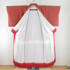 小紋 袷 縮緬 竹模様 茶色ｘ灰色 正絹 広衿 仕立て上がり着物 身丈152cm 【キモノオフ野々市若松店】の画像