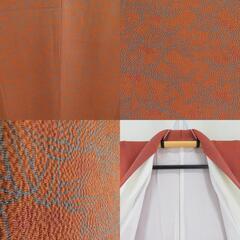 小紋 袷 縮緬 竹模様 茶色ｘ灰色 正絹 広衿 仕立て上がり着物 身丈152cm 【キモノオフ野々市若松店】の画像