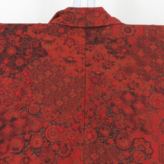 小紋 袷 縮緬 茶色ｘオレンジ色 切嵌模様 正絹 広衿 仕立て上がり着物 身丈163cm 【キモノオフ野々市若松店】の画像